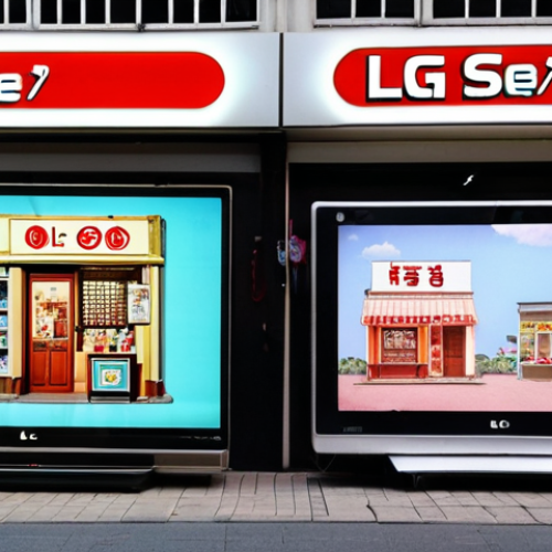 Home 4 **Image Prompt:** A split-screen showing contrasting scenes. On one side, a vintage Korean street scene from the 1950s with a small shop displaying "Lucky Cream" toothpaste. On the other side, a modern, brightly lit showroom featuring sleek LG OLED TVs and smart appliances. The overall feel is a journey from humble beginnings to technological dominance, symbolizing LG's transformation.