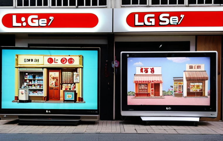 **Image Prompt:** A split-screen showing contrasting scenes. On one side, a vintage Korean street scene from the 1950s with a small shop displaying "Lucky Cream" toothpaste. On the other side, a modern, brightly lit showroom featuring sleek LG OLED TVs and smart appliances. The overall feel is a journey from humble beginnings to technological dominance, symbolizing LG's transformation.
