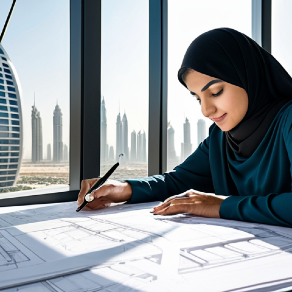 **

"A successful Arab architect, fully clothed in professional attire, reviewing blueprints in a sunlit, modern design studio in Dubai. Behind her, a cityscape with iconic buildings. Perfect anatomy, correct proportions, well-formed hands, natural pose, safe for work, appropriate content, professional, family-friendly."

**