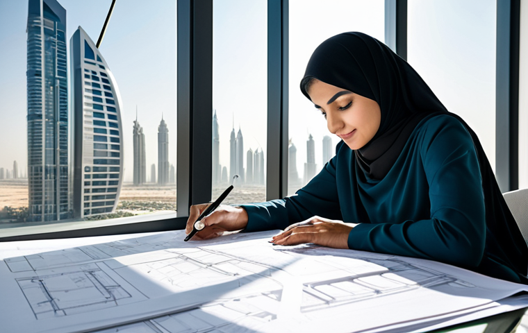 **

"A successful Arab architect, fully clothed in professional attire, reviewing blueprints in a sunlit, modern design studio in Dubai. Behind her, a cityscape with iconic buildings. Perfect anatomy, correct proportions, well-formed hands, natural pose, safe for work, appropriate content, professional, family-friendly."

**