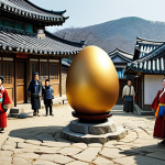 The Legend of King Suro**

"A golden egg descending from the sky, surrounded by awe-struck villagers in traditional Korean clothing, ancient Korean village setting, mystical atmosphere, safe for work, appropriate content, fully clothed, family-friendly, perfect anatomy, natural proportions, high-quality rendering."

**