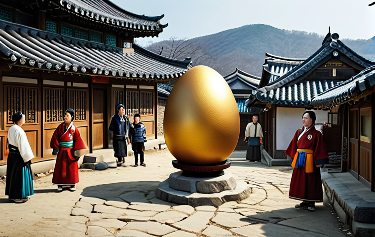 The Legend of King Suro**

"A golden egg descending from the sky, surrounded by awe-struck villagers in traditional Korean clothing, ancient Korean village setting, mystical atmosphere, safe for work, appropriate content, fully clothed, family-friendly, perfect anatomy, natural proportions, high-quality rendering."

**