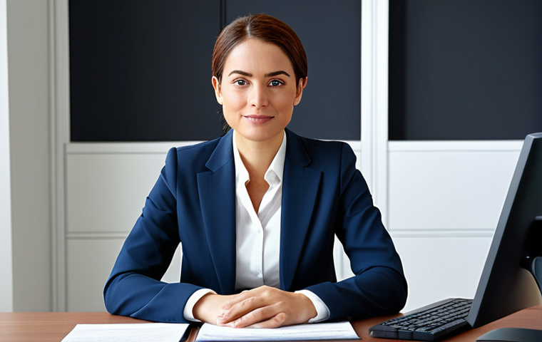**

A professional businesswoman in a modest business suit, sitting at a desk in a modern office, fully clothed, appropriate attire, safe for work, perfect anatomy, natural proportions, professional photography, high quality.

**