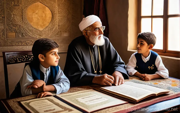 족보와 유산 상속 - **Prompt 1: "The Wisdom of Generations"**
"A heartwarming scene depicting a wise, elderly Arab g...