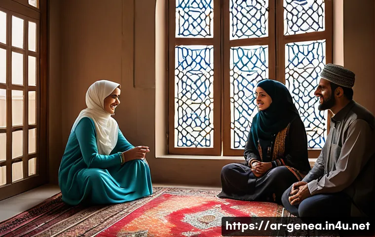 가족사 연구법 - A warm and inviting family gathering in a traditional Middle Eastern home, featuring multiple genera...