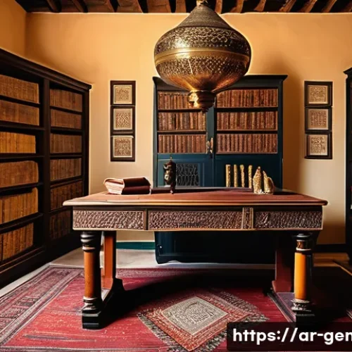 Home 26 사대부 족보 - An elegant traditional Arab family archive room filled with ancient paper family records and genealo...