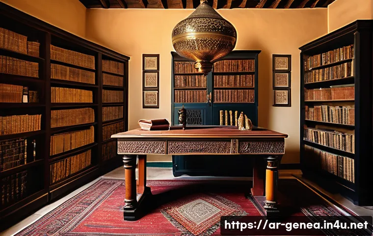 사대부 족보 - An elegant traditional Arab family archive room filled with ancient paper family records and genealo...