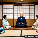 일본 족보와 비교 - A detailed scene of a traditional Japanese family gathering in a tatami room during a cultural celeb...