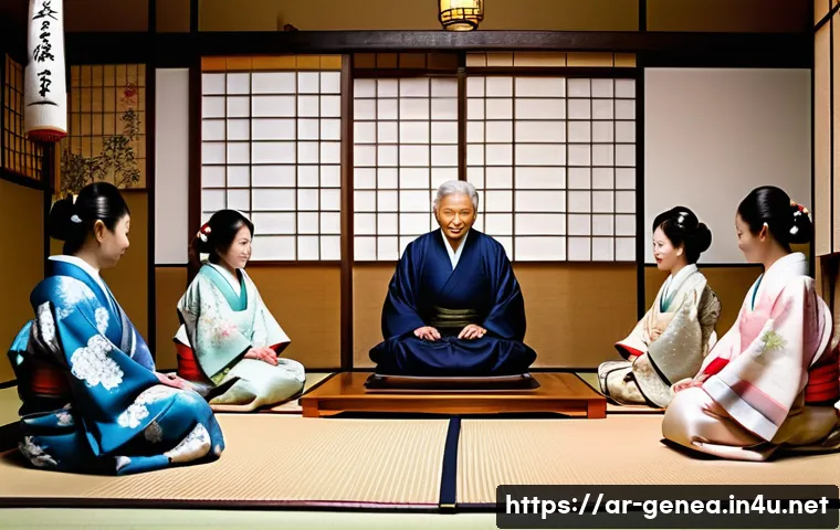일본 족보와 비교 - A detailed scene of a traditional Japanese family gathering in a tatami room during a cultural celeb...