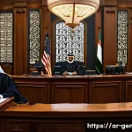 족보의 법적 효력 - A detailed courtroom scene in a modern Middle Eastern judicial setting, showcasing a judge reviewing...