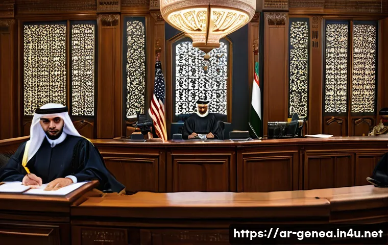 족보의 법적 효력 - A detailed courtroom scene in a modern Middle Eastern judicial setting, showcasing a judge reviewing...