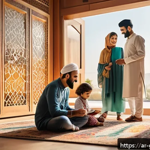 가족 관계 정리 - A warm and inviting digital family gathering scene set in a modern Middle Eastern living room, featu...