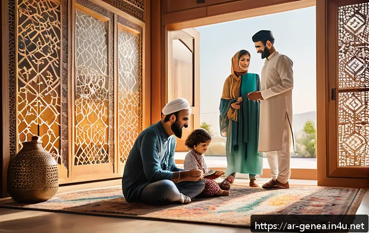 가족 관계 정리 - A warm and inviting digital family gathering scene set in a modern Middle Eastern living room, featu...