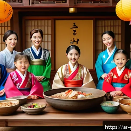 한국 성씨별 족보 - A traditional Korean family reunion scene during a festive ancestral celebration, featuring multiple...