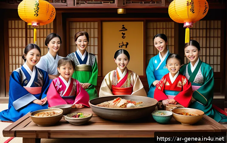 한국 성씨별 족보 - A traditional Korean family reunion scene during a festive ancestral celebration, featuring multiple...