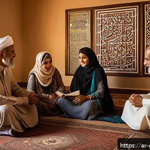 족보와 역사 왜곡 - A warm, intimate family gathering scene in a traditional Middle Eastern home, featuring three genera...
