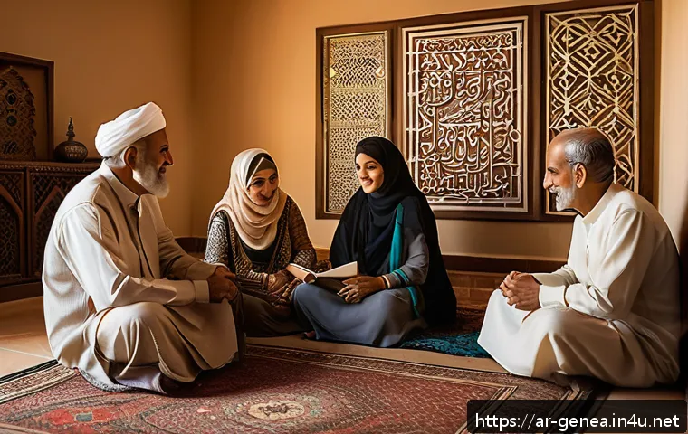 족보와 역사 왜곡 - A warm, intimate family gathering scene in a traditional Middle Eastern home, featuring three genera...