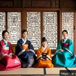 귀화 성씨 족보 - A traditional Korean family gathering in a serene ancestral home, showcasing multiple generations dr...