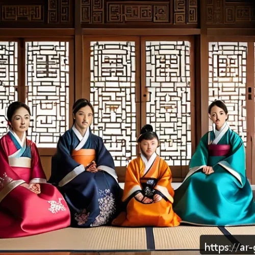 귀화 성씨 족보 - A traditional Korean family gathering in a serene ancestral home, showcasing multiple generations dr...