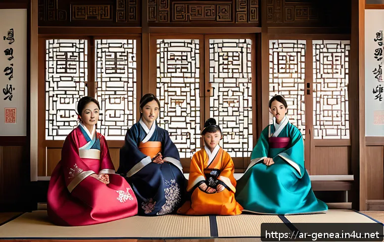귀화 성씨 족보 - A traditional Korean family gathering in a serene ancestral home, showcasing multiple generations dr...