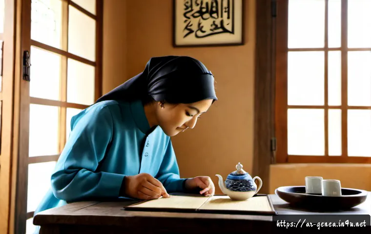 족보와 한국사 - Photorealistic historical research scene, an Arab family historian in modest contemporary clothing e...
