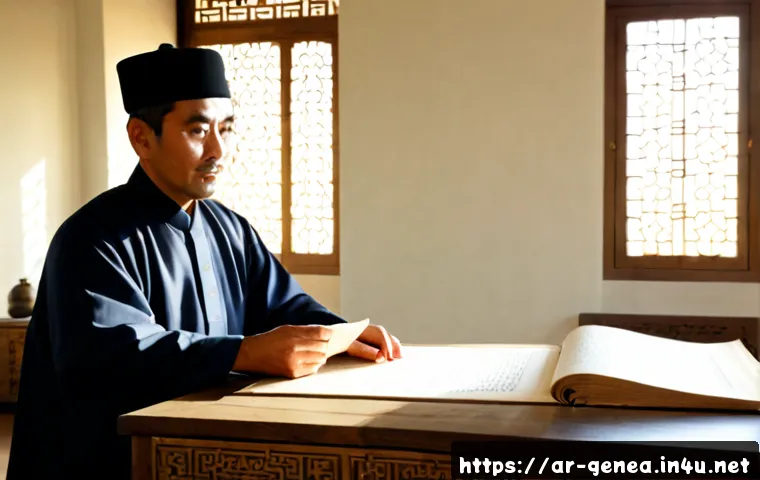 고려시대 족보 - Photorealistic museum-style scene of a medieval Korean Goryeo dynasty genealogy archive, an Arab his...